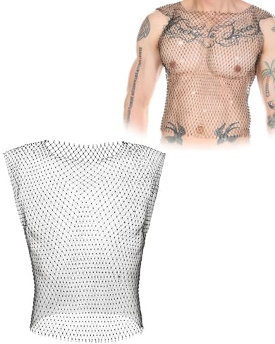 SCJJZ sexy Canotta da uomo con strass,57cm maglia trasparente, rete da pesca scintillante, vestito da rave, festival, crop top da uomo,club, festa,maglia da pesce,sexy,muscolo,maglietta corta
