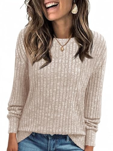 Cicy Bell T-Shirt à Manches Longues pour Femme - Pull en Tricot léger Henley - Décontracté - Col Rond - Coupe Ample - Tunique, Abricot, M