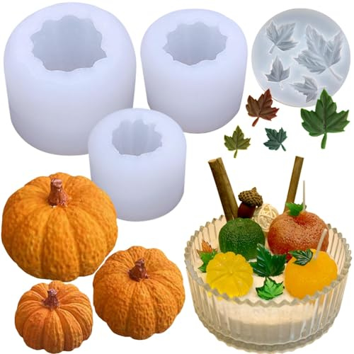 Moule Silicone Automne, Moule Citrouille Silicone, Moule Bougie Automne, Moules de Thanksgiving en silicone pour Bougies, Savons, Chocolats et Objets Artisanaux DIY (4PCS)