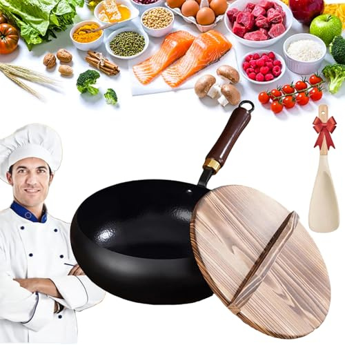 Mexicoify - Olla de hierro grueso sin revestimiento, olla de hierro fundido con revestimiento, sartén de hierro japonés Suntuup, juego de sartenes de 9.4/11 pulgadas y wok con tapa antiadherente para