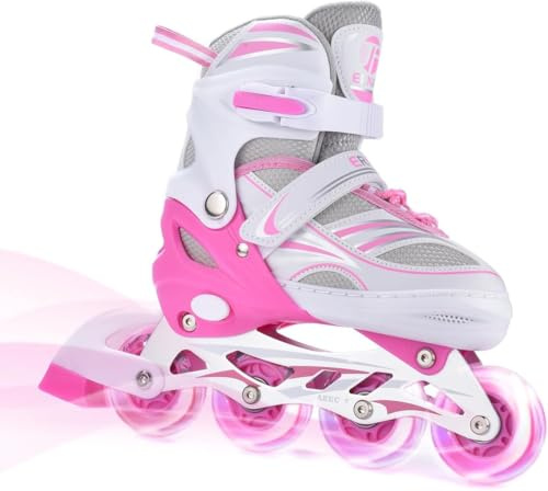 ERNAN Pattini in linea regolabili per bambini,Pattini in linea, pattini in linea per bambini con ruote illuminate, Per ragazze e ragazzi, per uso interno ed esterno (Pink, S)