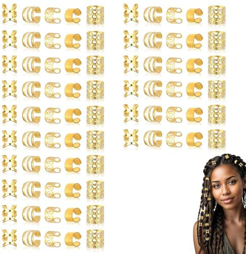 OUDQFCJ Lot de 80 Pièces Tresse Doré, Bijoux pour Tresses, Locs, Clips et Spirales pour Dreadlocks, Accessoires et Bijoux de Cheveux pour Femme, Perle Cheveux, Hommes, Femmes, Filles et Garçons (Doré)