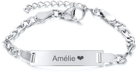 Gamtic Bracelet Personnalisé Gourmette Bébé Filles - Mignon Charm Bracelet Chaîne Figaro Réglable Gravé Prénom Bracelets Bijoux Enfants Cadeaux Anniversaire Baptême Première Communion Noël