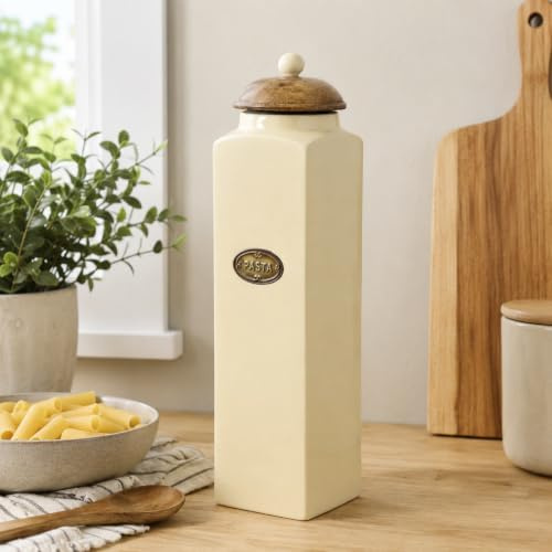 Fyne-Finds Ceramic Cream Pasta Jar with Handcrafted Mango Wood Lid Kitchen Shelf Storage Kitchen Organizer