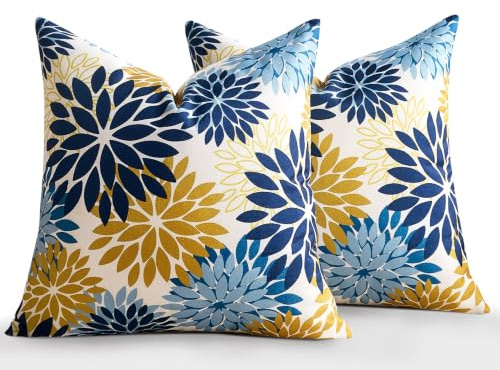 LRartdeco Housse Coussin 45 x 45 cm Lot de 2 Moderne Dahlia Carrées Coussins Bleu et Jaune Imprimé Floral Géométrique Taie Oreiller pour Salon Chambre Maison Outdoor Jardin Décor