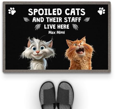 Personal Chic Personalised Door Mat - Spoiled Cats and Their Staff Live Here - Welcome Mat, Funny Cat Doormat, Gifts for Cat Lovers, Custom Door Mat, Personalised Rug (#2)