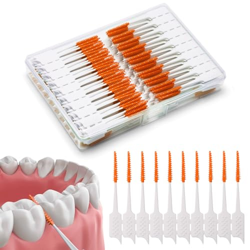ACSKD 300 Pieces Interdental Brushes,Braces Brush with Silicone Head,Dental Tooth Flossing Toothpick Cleaners Tooth Tool, Orange