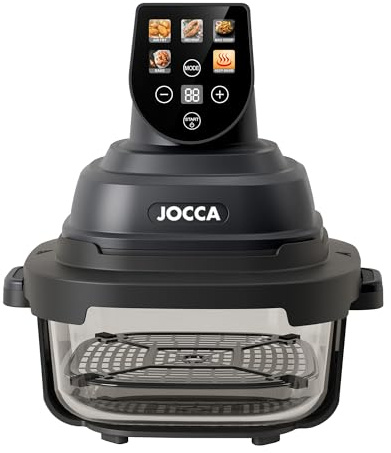 JOCCA Freidora de Aire Digital de Cristal 4,5L + 1,5 L,Air Fryer de Vidrio Borosilicato, 1500W, 4 Programas Preestablecidos, Función Mantener Caliente, Cocina Saludable y Transparente