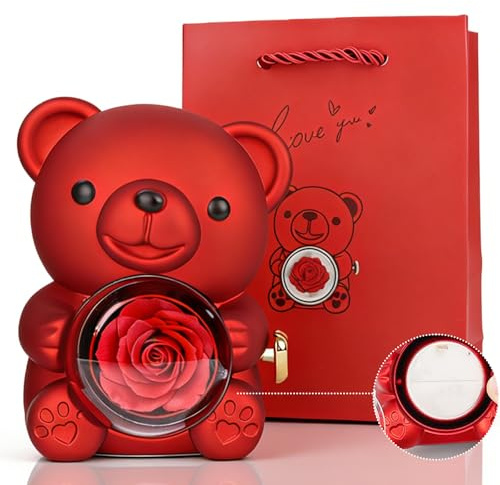 COSORO Romantico orsacchiotto con rosa conservata, regalo unico per lei per San Valentino, festa della mamma, matrimoni, anniversari, addio al nubilato, decorazione per la casa (rosso)
