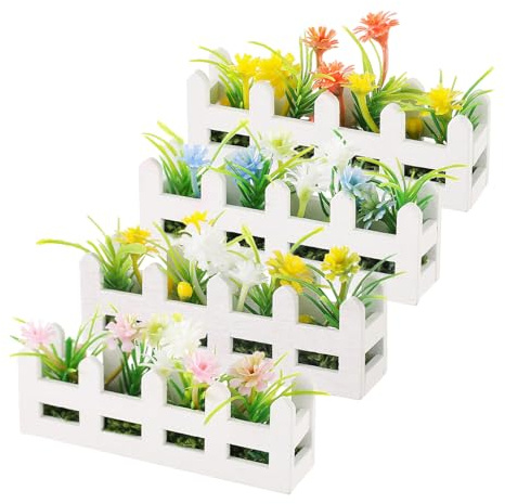 SOPOTUTU 4pcs Miniature Dollhouse Picket Fence Set Artificial Simulated Succulent Plants, Mini Garden Landscape Ornaments for Dollhouse Balcony and Craft Decoration
