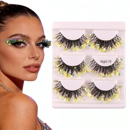 Ciglia Finte - Fibra 11,2 X 9,2 Cm | 3 paia di per il trucco voluminosi glitterati per l'applicazione del trucco con luce, festa, carnevale, ciglia artificiali Donne, ragazze, club