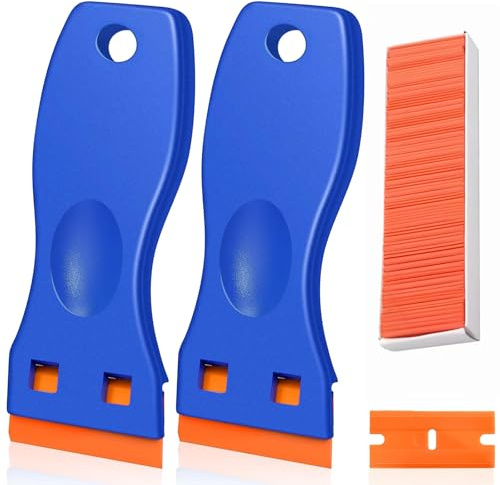 LVNEHAL 2PCS Plastic Scraper,with 100 Plastic Scraper Tool Non Scratch, Multipurpose Plastic Scraper Tool Non Scratch for Cleaning Labels and Decals of Plastic Razor Blade Scraper