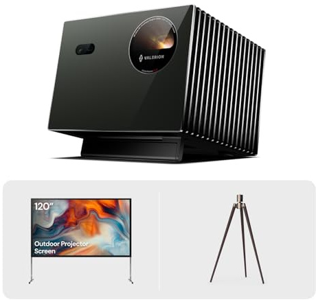 Valerion VisionMaster Pro2 4K Triple Laser Projector with 120 Outdoor Screen and Walnut Tripod Stand Bundle, 3000 ISO Lumens, IMAX Enhanced, 15000:1 Contrast, 4ms Low Input Lag