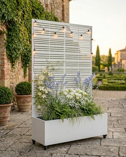 Hochbeet Metall mit Sichtschutz, Pflanzbeet Pflanzkübel Pflanzkasten Frühbeet Gartenbeet Blumenkasten Blumenbeet mit Rankgitter und Rollen wetterfest für Garten, Balkon und Terrasse