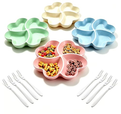 Plato para aperitivos con 4 compartimentos, bandeja para aperitivos, fuente para aperitivos, con 8 tenedores de fruta reutilizables de acero inoxidable para aperitivos, fruta, frutos secos, dulces