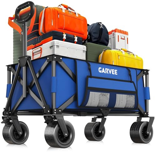GarveeLife Carro Plegable XXL, 200 kg y Volumen de 200 l, Carrito de Mano con Frenos y Ruedas Todoterreno de 20 cm, con Bolsillos Laterales para Playa, Camping y jardín, Color Azul