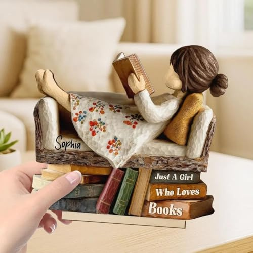 Personalized Just A Girl/Boy Who Loves Books,Personalized Wooden Plaque Man Woman Book Lover Reading Book on Sofa,Loves Books Wooden Figurine,Library Decor,Gift for Book Lover (woman,6/15cm)