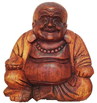 Ciffre Großer Happy Buddha Holz geschnitzt Sitzend Bali Massiv 20cm Fair Trade