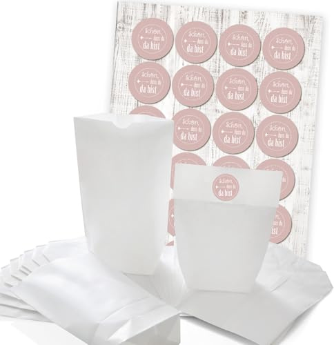 Logbuch-Verlag 24 kleine Papiertüten weiß 16,5 x 26 cm Geschenktüten + Aufkleber SCHÖN, DASS DU DA BIST rosa - Gastgeschenke Verpackung