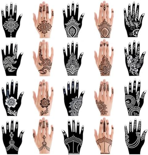 XMASIR 20 Pieces Temporary Tattoo Hand Stencils Kit for Women Girl, Indian Arabian Tattoo Sticker Tattoos Templates 20 X 10.5 cm