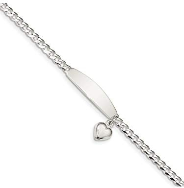 Sterling Silver Polished Curb Link Id Heart Dangle Bracelet (Length=7.5) (Width=3.5)