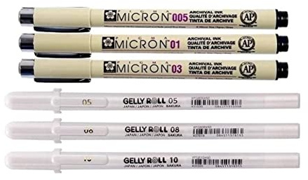 PIGMA MICRON Sakura 3 fineliners + Sakura Gelly Roll WEISS, 3 Stifte Bright White im Etui, MIX-Size 05/08/10
