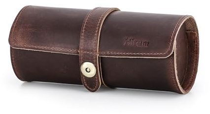 Hiram Genuine Leather Travel Watch Case Roll Organizer Classic, Leather 3-Watches Roll Case for Watches and Bracelets-Coffee