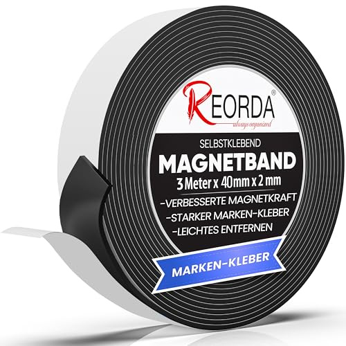REORDA® Magnetband selbstklebend stark - Magnetstreifen selbstklebend mit extra starkem Marken-Kleber - Magnetklebeband mit optimierter Magnetkraft - Magnet Klebeband