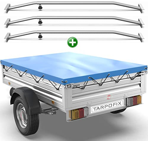Tarpofix® Bâche pour remorque Plate 207,5 x 114 x 6 cm + 3X Arceau de bâche (réglable 100-145 cm) - Bache remorque PVC - Bâche de Couverture pour diverses remorques de Voitures de 750kg