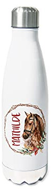 GRAZDesign Trinkflasche Edelstahl personalisiert Name, auslaufsicher Einschulung Geschenk, Thermosflasche Sportflasche Kinder/Erwachsene 500ml Blumenkranz mit Pferd