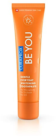 Curaprox Be You Pfirsich Whitening-Zahnpasta mit Geschmack von Pfirsich und Aprikose, mit Menthol, vegan, 950 ppm Fluorid, RDA 50, orange, 60 ml