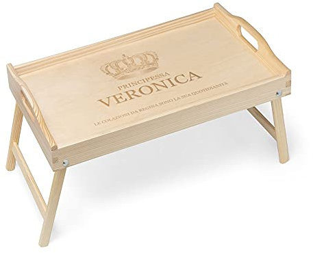 Maverton Vassoio da Colazione a Letto Personalizzato - Tavolino Pieghevole in Legno di Pino con Manici - Colore Naturale - Incisione Laser - Tavolo Multiuso 50x30cm - regalo donna - Principessa
