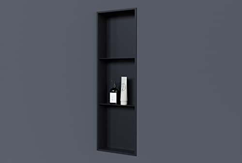 BERNSTEIN - Niche murale douche Noire à rebord 30x90x10cm acier inoxydable étagère encastrée salle de bain + 2 tablettes, Anti-rouille, étanche, installation facile - NT309010X