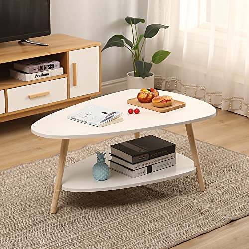 Willonin Beistelltisch mit Oval Ablagen Satztisch Couchtisch Sofatisch Kaffeetisch Wohnzimmertisch Kautschukholz Weiß (Weiß)