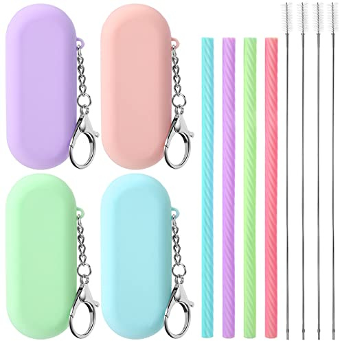 Meanplan 4 Sets Cruise Ship Essentials,4 Set Silicone Straws with Case Reusable Silicone Portable Drinking Straw Set for Party Travel Cold or Hot with 4 Carry Case, 4 Cleaning Brushes (Classic Color)
