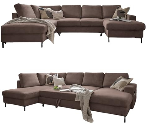 MIUFORM Lofty Lilly, 8 Sitzer Ecksofa mit Schlaffunktion, Links, Taupe | Sofa mit Schlaffunktion, Schlafsofa mit Bettkasten, Wohnlandschaft U Form, 303x197x84cm, Couch mit Schlaffunktion, Sofa Bed