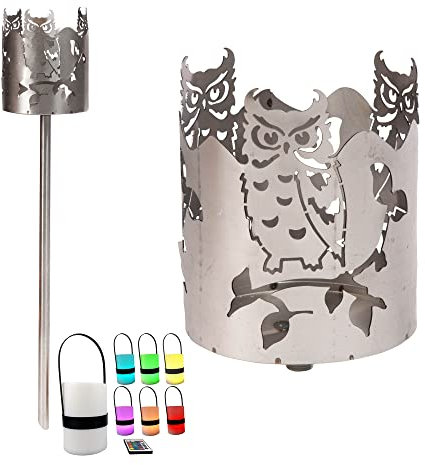 Gartenfackel RGB LED Leuchte Motiv Eule - Rost Lampe Gartenlampe RGB LED Leuchte für draußen Gartenleuchte Fackel Garten