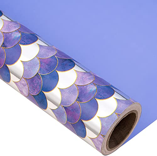 Holijolly Reversible Wrapping Paper Roll.Mini Roll.43.2 cm X 10m.Lila Meerjungfrau mit Glitter Metallic Folie Design (4.39 Quadratmeter)
