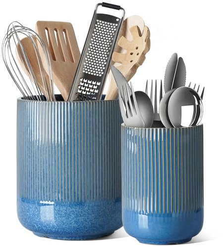 LE TAUCI Utensil Holder, 18.5+14cm Ceramic Kitchen Utensils Holder, Large Cooking Utensil Pots for Kitchen Counter, Morden Utensil Organizer for Spatula, Set of 2, Reactive Glaze Blue