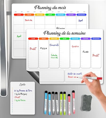 SKYCROO ® Calendrier Magnetique Frigo Blanc x3 + Accessoires - Planificateur Hebdomadaire + Mensuel + Mémo Aimanté Planning Semaine Tableau Magnétique Organisateur Planner Semainier Familial Tableaux