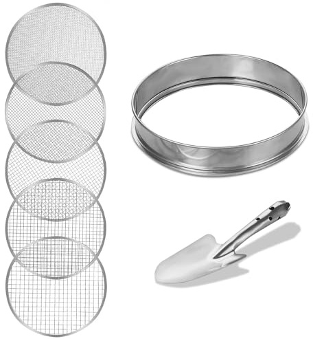 DUOJIN Tamis de Jardin Rond 30cm en Acier Inoxydable avec 5 Mailles Interchangeables Tailles de 3/6/9/10/12mm Outil Jardinage pour Tamiser Le Sol, Les Semences, Les Pierres et Le Compost, Pelle Inclus