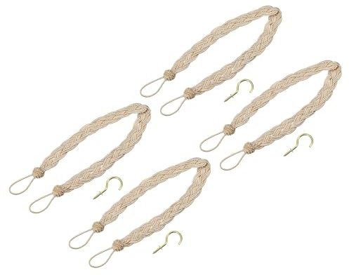 uxcell 4Pcs Curtain Tiebacks, 58cm/23 Braided Drapery Holdback Holder Decorative Rope Tie Back with 4 Metal Hooks, Taupe/Silver