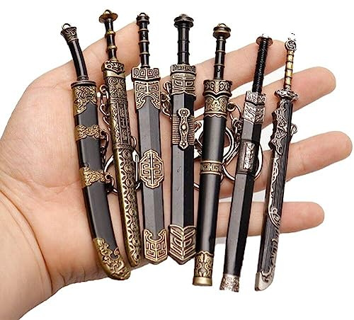 7 Pcs China Antigua Espada Anillo Llave De Llave De Estilo Chino Modelo De Espada De Arma Key Caqueta Costilla Bolsa De Bolsas para Hombres Regalo