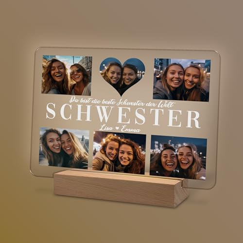 Yuweli® Geschenke für beste Schwester personalisierte optinale Nachtlampe mit Foto und Namen als Geschenk für Schwester zum Geburtstag Weihnachten