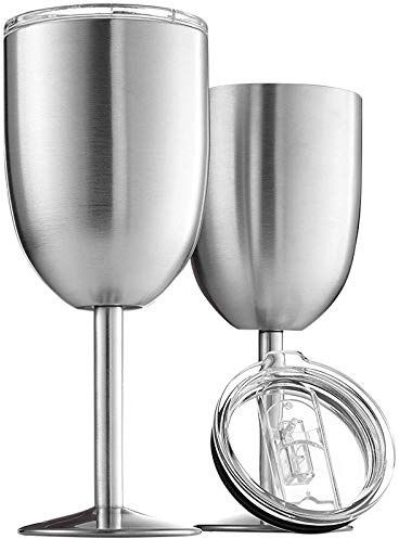 Eighosee 304 Edelstahl Doppelkelch (2 Stück) Rotwein Weißweinkelch mit Deckel, Gebürstetes Metall