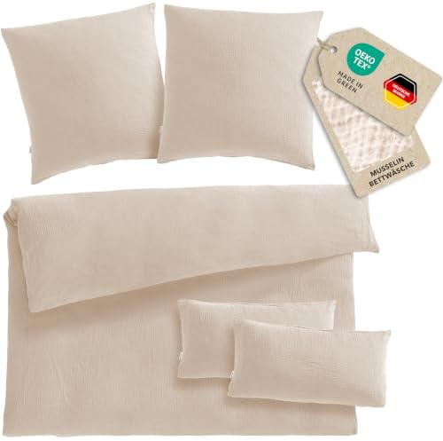 Pure Label Musselin Bettwäsche 5tlg 200x220+2x80x80+2x40x80 Beige | Traumhaft weiche, kuschelige Bettwäsche-Sets aus Musselin - 40° Waschbar