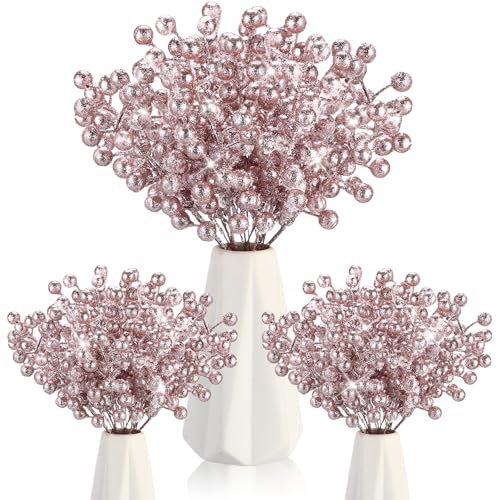 Geosar 30 púas artificiales de bayas de Navidad con copo de nieve con purpurina de acebo artificiales para adornos de árbol de Navidad, jarrones, manualidades, hogar, boda, fiesta, decoración de