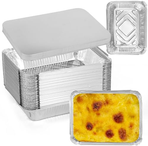 YDYAENIO Vaschette Alluminio 50 Pezzi teglie in Alluminio con coperchi contenitori for Alimenti ispessiti vassoi for Barbecue scatole Utensili da Cucina(50pcs with Lid)