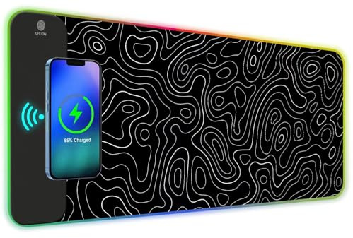 ToLuLu RGB Wireless Charging Gaming Mouse Pad, 7.5/10/15W 10 Light Modes LED Mouse Pad Computer Keyboard Mat Mousepad, 800x300x4MM Extended Large Desk Pad for Gamer, Black and White Abstract Lines