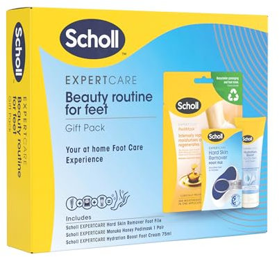 Scholl Beauty Routine Bundle - Manuka Honey Foot Mask Socks - ExpertCare Foot File for Hard Skin & ExpertCare Hydration Boost Daily Moisturiser Foot Cream 75ml, Pedicure Sets for Feet, Gifts for Women